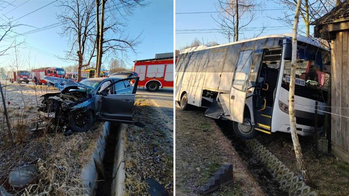 wypadek autobusu z samochodem osobowym jedna osoba hospitalizowana