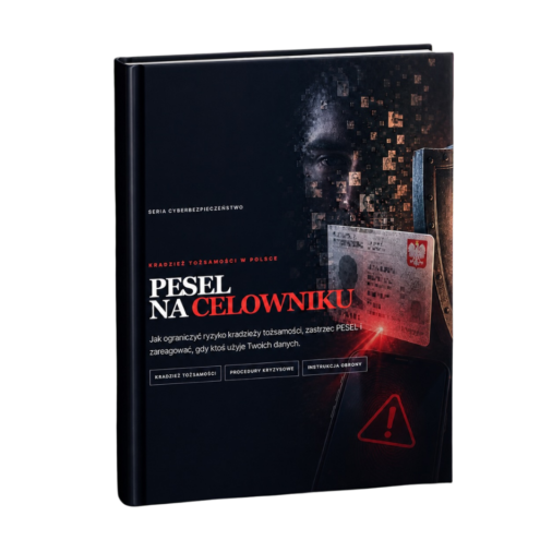 Book cover for a Polish cybersecurity guide: 'PESEL NA CELOWNIKU' with digital biometric imagery and shield motif on a dark background, warning icon text below.