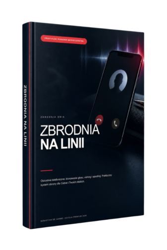 Polish book cover titled 'Zbrodnia na linii' with a tilted smartphone display on a dark blue background.