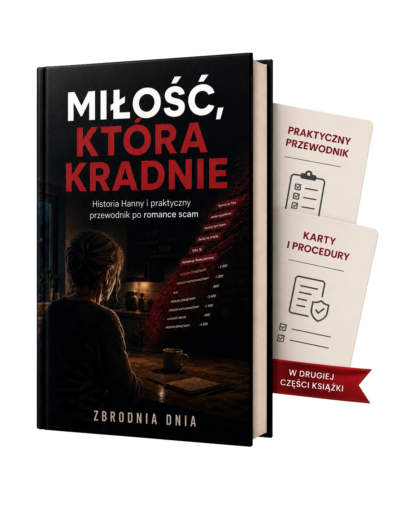Polish true-crime book cover 'Miłość, która kradnie' with a woman at a dim table; dark background and red title typography.